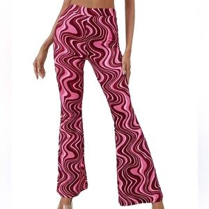 Flared Pants Ripple Slim Fit High Waist Bell Bottom (M, Pink) (Festival, rave)